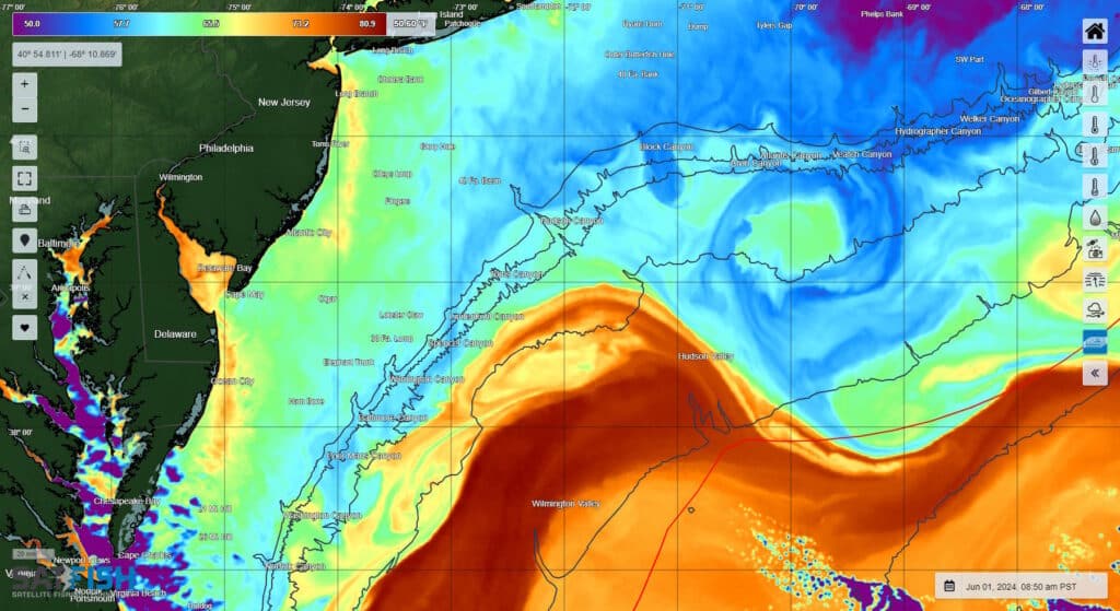 SatFish unfiltered (raw) satellite sea surface temperature (SST) image of New York Bight and offshore canyons for offshore sport fishing