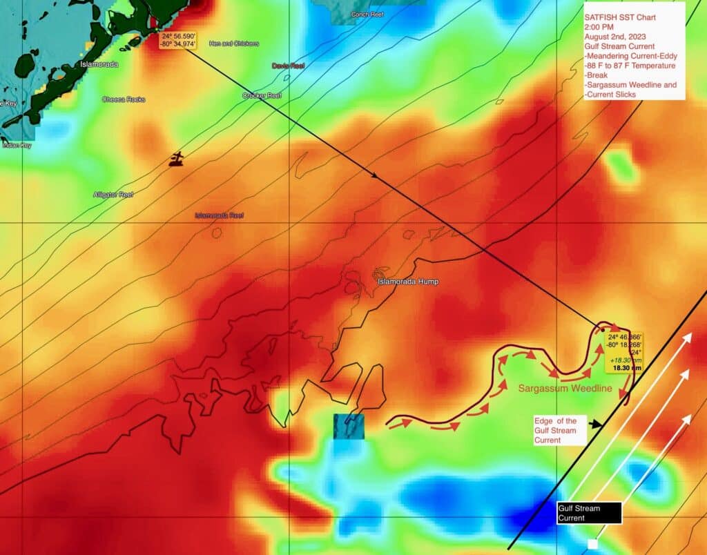 SatFish sea surface temperature (SST) chart for offshore fishing in the Florida Keys showing a temp break and location of a sargassum weedline for mahi mahi