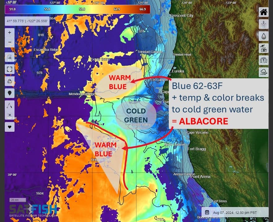 SatFish sea surface temperature (SST) image for fishing for albacore in Northern California