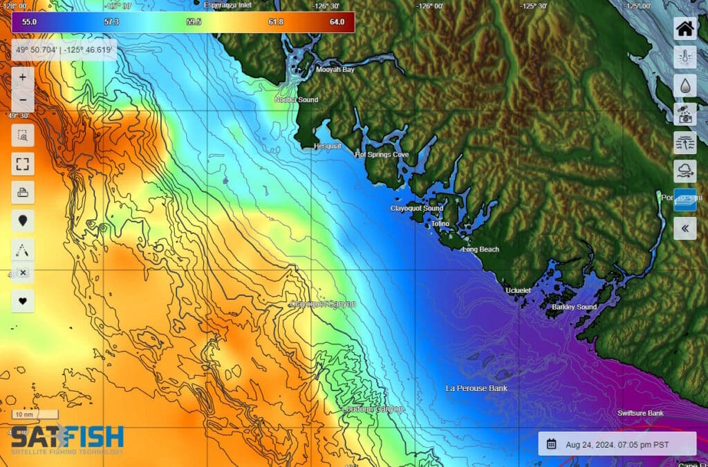 Satfish cloud-free sea surface temperature (SST) map for fishing for albacore off Vancouver Island, Canada