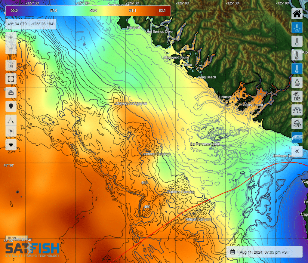 Satfish cloud-free sea surface temperature (SST) map for fishing for albacore off Vancouver Island, Canada