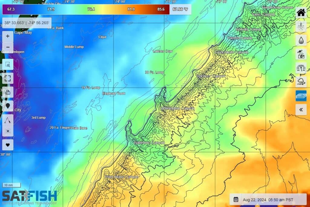 satfish sea surface temperature map of mid-atlantic canyons showing temperature breaks along the shelf dropoff