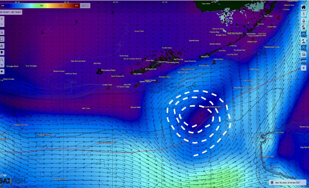 SatFish currents map of the Florida Keys showing an eddy in the Florida Current / Gulf Stream for wahoo fishing