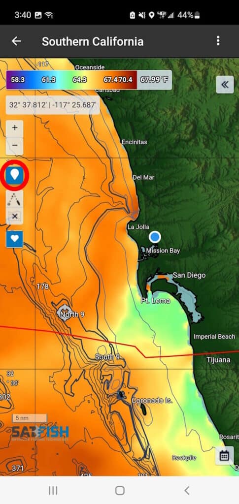 SatFish mobile app screenshot showing Location button