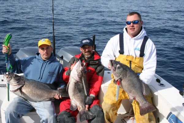 men holding wreckfish on a boat